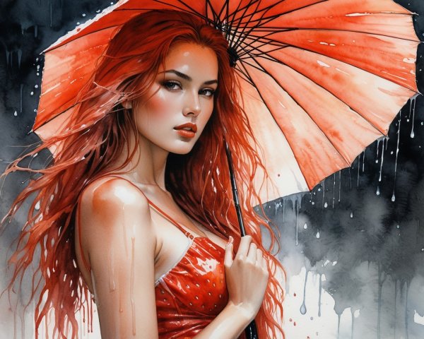 Striking Woman in Red Dress Under Bright Umbrella