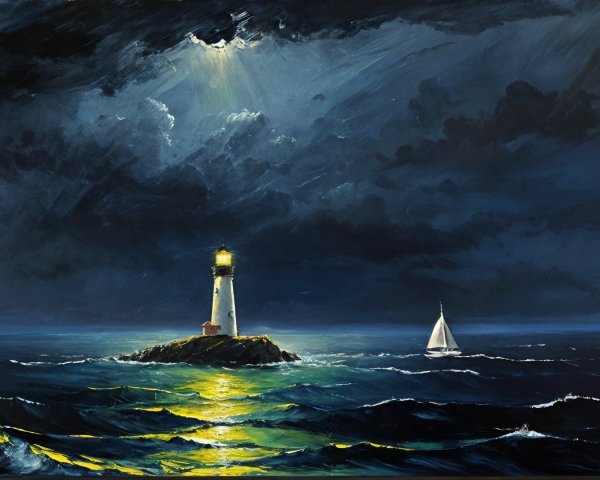 Dramatic Seascape with Lighthouse and Sailboat