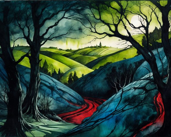Mystical Landscape with Green Hills and Red Path