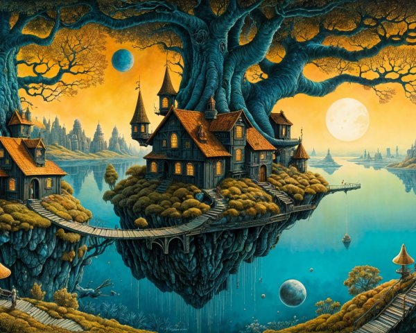 Surreal Landscape with Floating Islands and Whimsical Homes