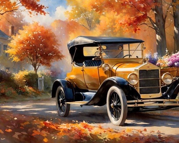 Vintage Car Amidst Autumn Foliage and Scenic House