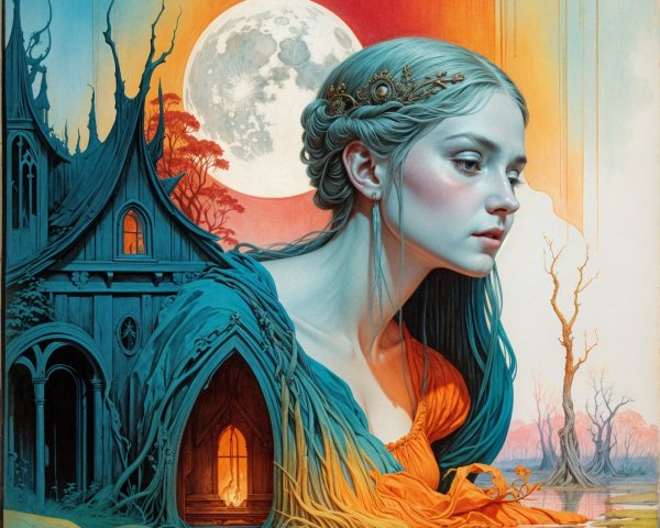 Surreal Artwork of Woman Merging with Vibrant Landscape