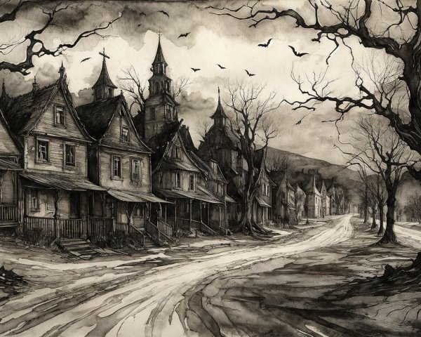 Desolate village scene in muted sepia tones
