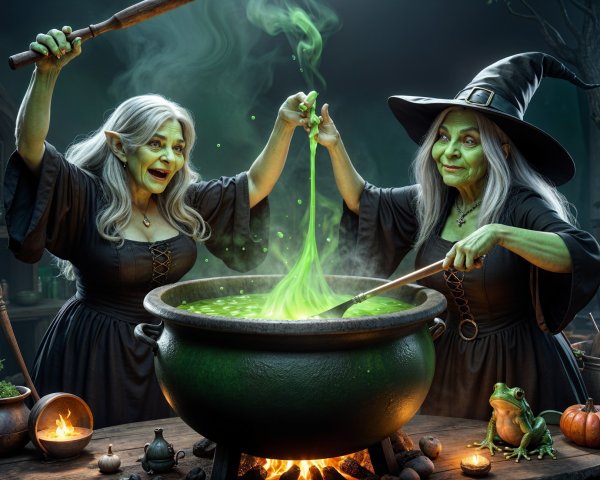Whimsical Witches Brewing Potion in Dark Apothecary