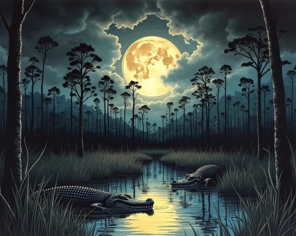 Moonlit Alligators in a Serene Landscape