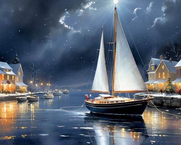 Nighttime Marina Scene in a Snow-Covered Town