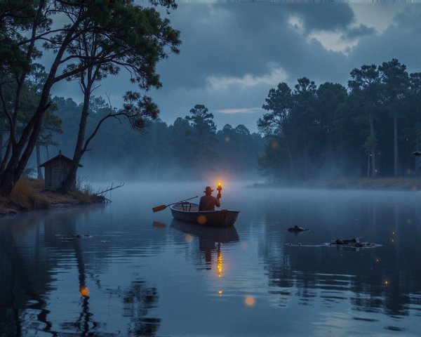 Lone Figure in Boat on Misty Lake at Twilight