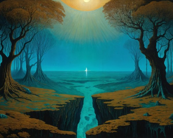Surreal Landscape with River and Dark Trees