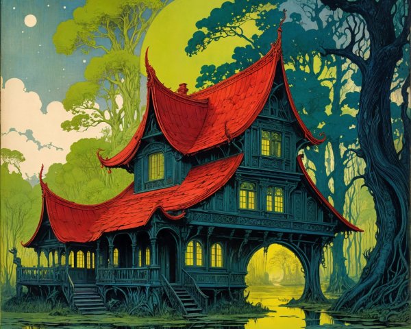 Traditional House with Red Roofs Surrounded by Nature