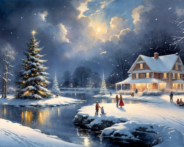 Serene Winter Landscape with Cozy House and Pond