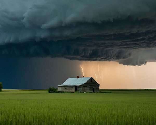 Solitary Wooden House in Lush Field Under Stormy Sky