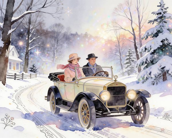 Watercolor of Couple in Vintage Car on Snowy Road