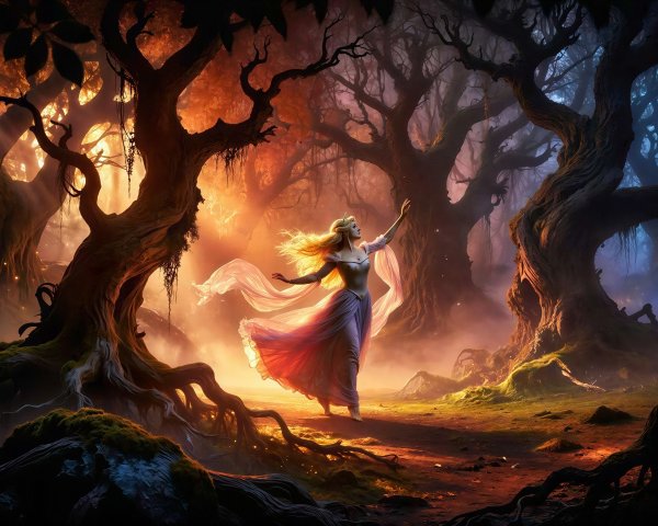 Blonde Woman Dances in Enchanted Forest Setting
