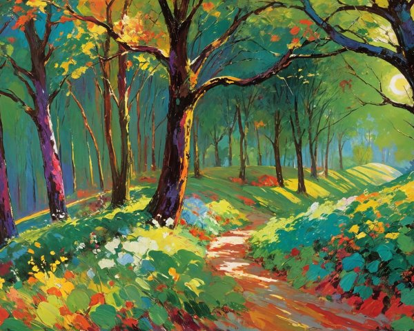Vibrant Forest Scene with Colorful Trees and Flowers