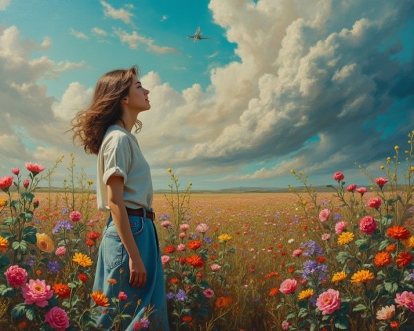 Young Woman in Colorful Flower Field with Airplane
