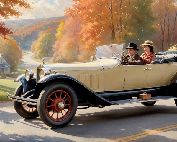 Vintage Convertible Car on Winding Road in Fall