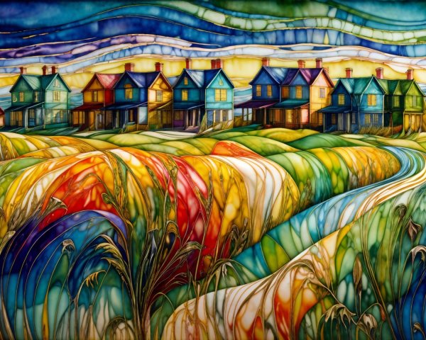 Vibrant Stained-Glass Landscape with Colorful Houses