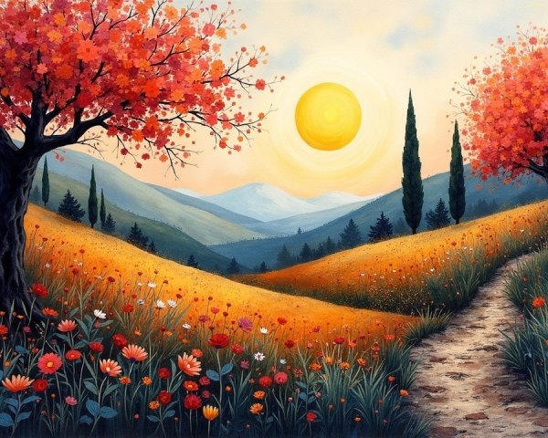 Vibrant Autumn Landscape with Cherry Blossom Trees