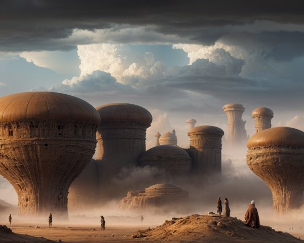 Surreal Landscape with Towering Mushroom Structures