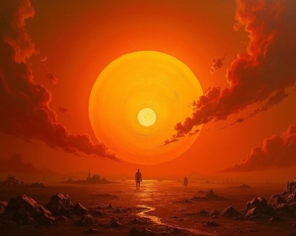 Surreal Landscape with Fiery Sunset and Solitary Figure