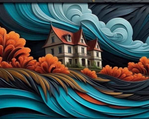 Whimsical House Surrounded by Vibrant Swirling Waves