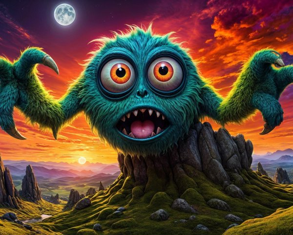 Furry Monster in Rocky Landscape at Sunset