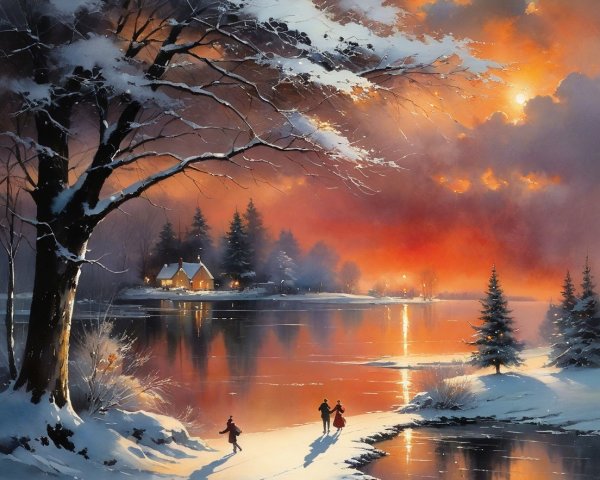 Watercolor Painting of Serene Winter Landscape at Sunset