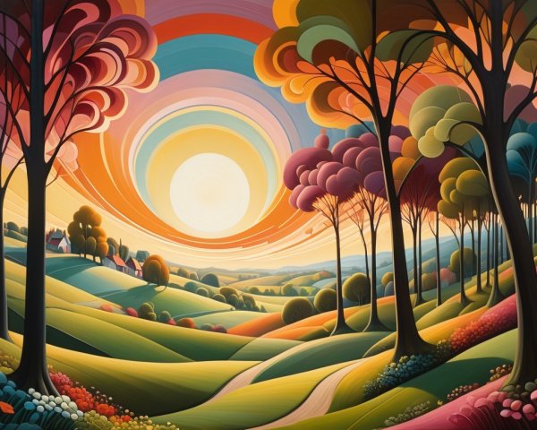 Vibrant Landscape with Rolling Hills and Stylized Trees