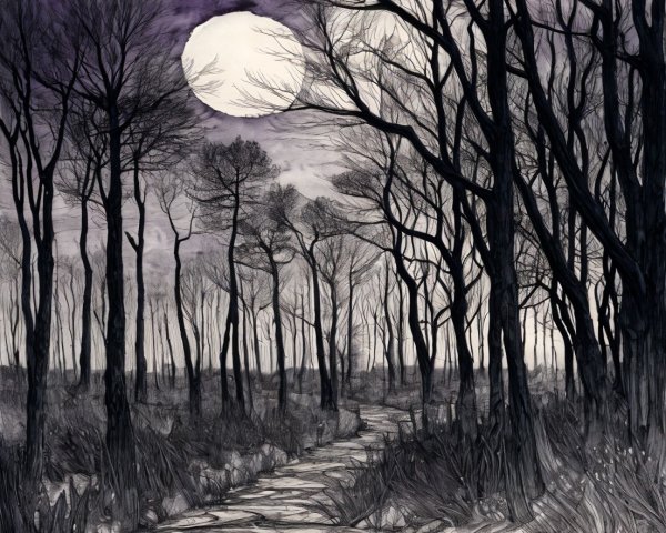 Monochromatic Landscape with Winding Path and Moon