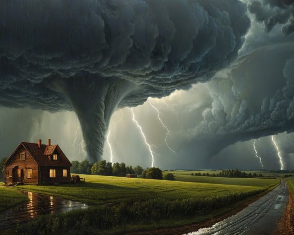 Tornado Scene with Rustic House and Stormy Landscape