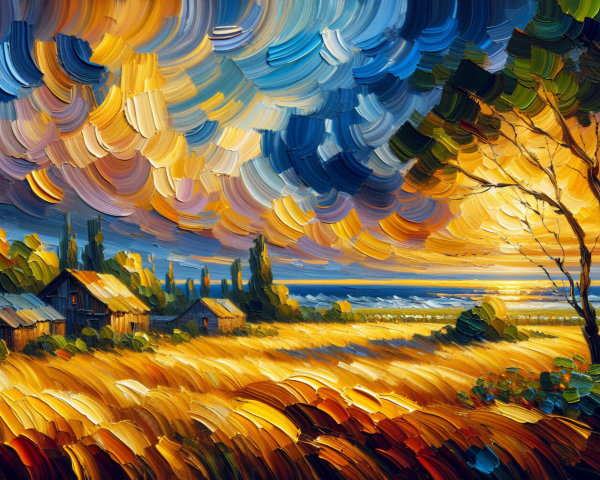 Vibrant Landscape of Wheat Field at Sunset