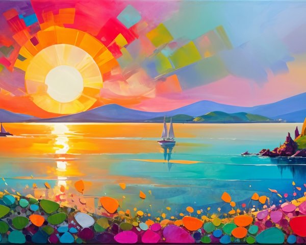 Vibrant Seascape at Sunset with Colorful Flowers