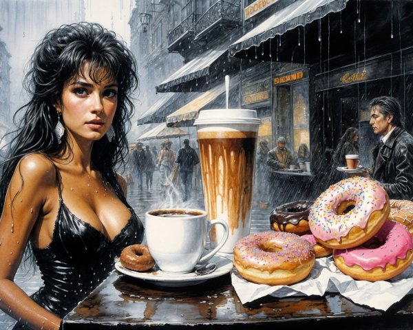 Stylish Woman in Black Dress with Colorful Donuts