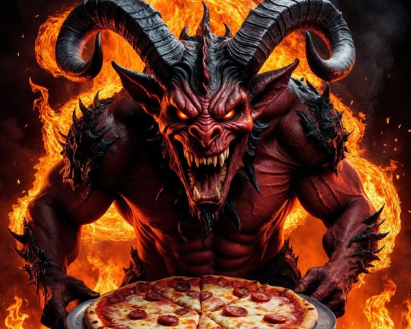 Muscular demon with red skin and pizza in flames