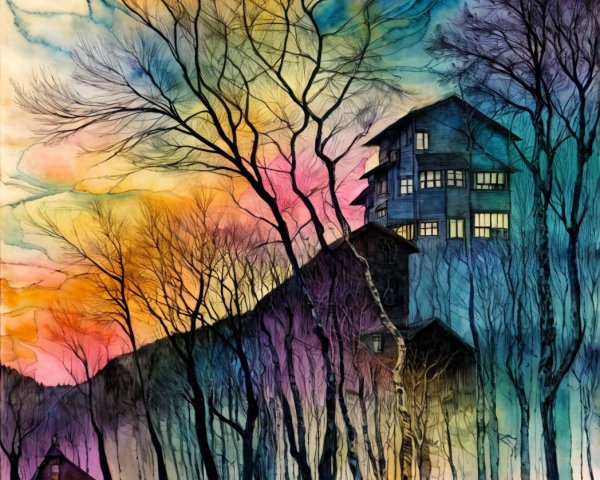 Mystical Landscape with Abstract Trees and Sunset