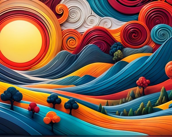 Vibrant Landscape with Colorful Waves and Sunset