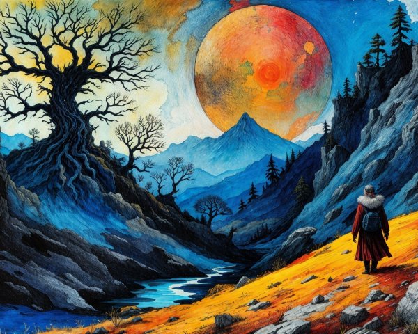 Vibrant Landscape with Figure in Red Cloak and Planet