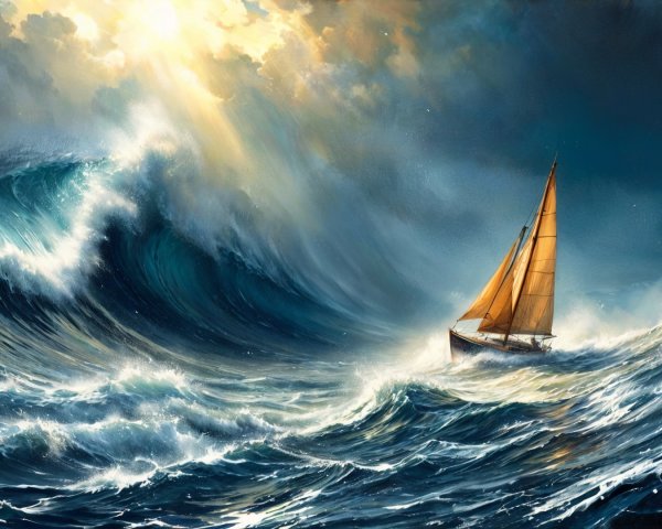 Sailboat Navigating Waves Under Dramatic Sky