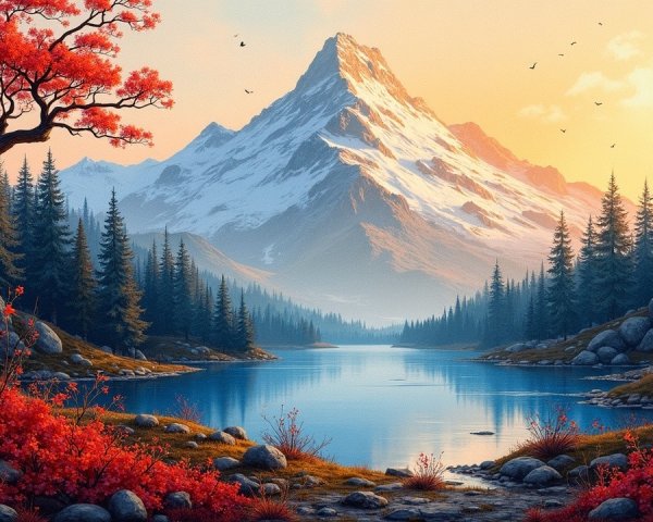 Serene Landscape with Snow-Capped Mountain and Lake