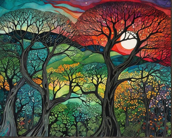 Vibrant Landscape with Colorful Trees and Sunset Skies