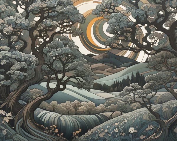 Serene Landscape with Stylized Trees and Rolling Hills