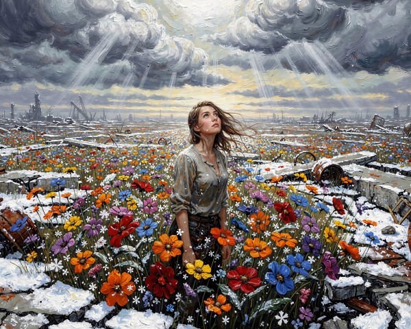 Oil Painting of Woman in Flower Field Post-Apocalypse
