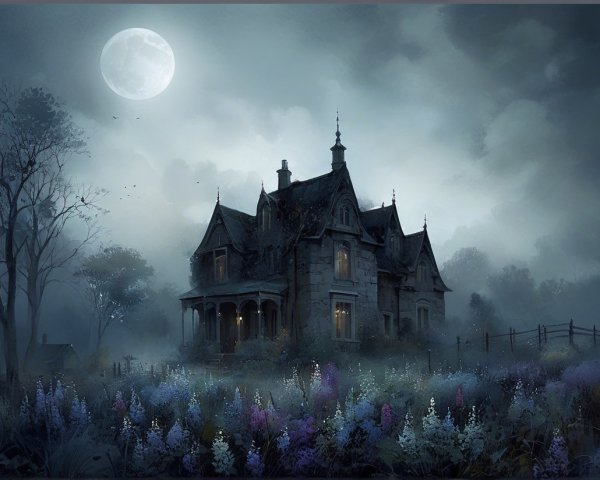 Gothic Mansion Under Full Moon Surrounded by Wildflowers