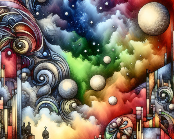 Surreal Cosmic Landscape with Celestial Bodies and Figures