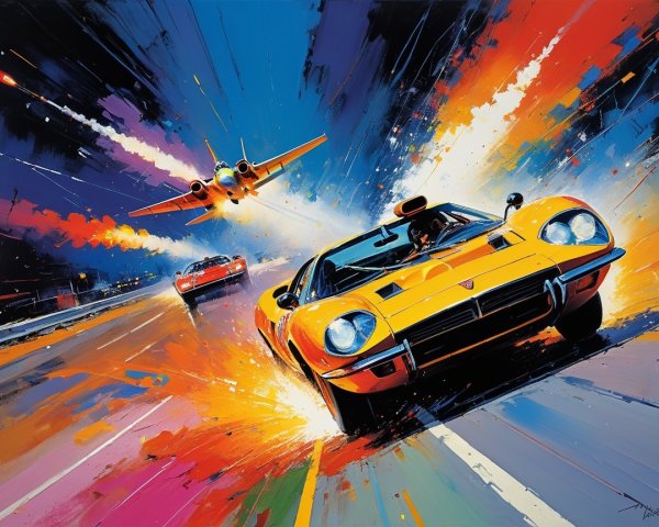 Vibrant Sports Cars and Fighter Jet on Neon Highway