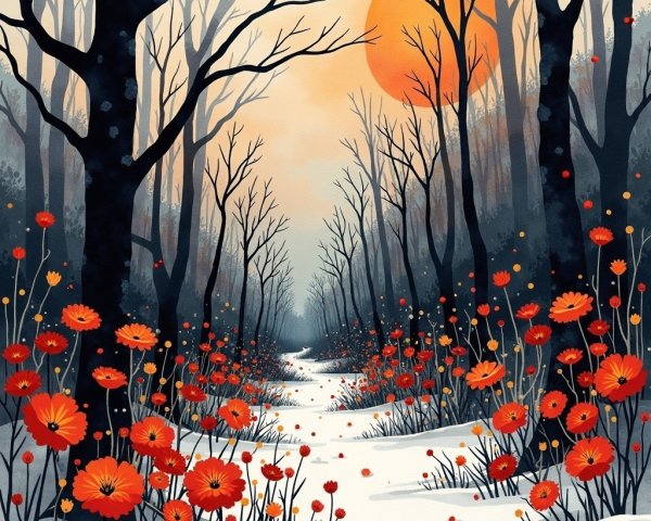 Serene Winter Landscape with Sunset and Flowers