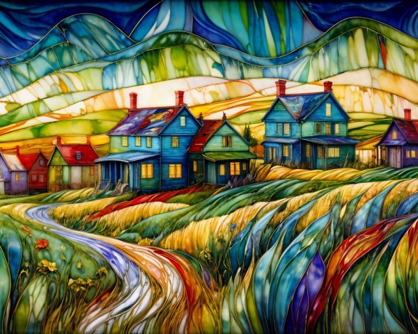 Stained-Glass Landscape with Colorful Houses and Hills
