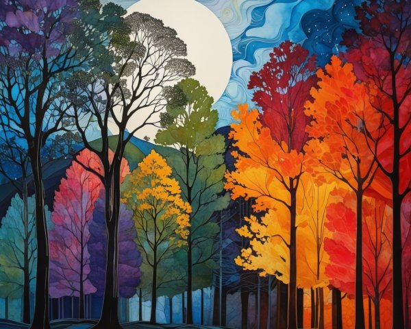 Vibrant Autumn Landscape with Colorful Foliage and Moon