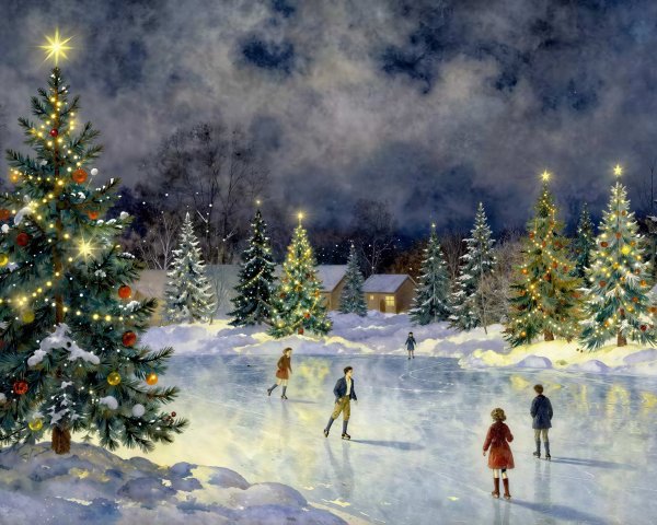 Winter Landscape with Ice Skating and Christmas Trees
