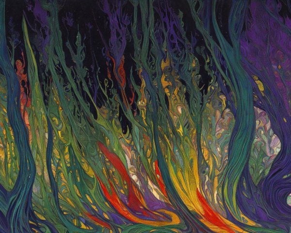 Abstract Landscape with Vibrant Colors and Swirling Forms